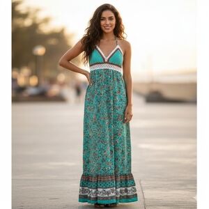 Allison & Kelly Teal Rust Orange Crochet Bust Floral Flowy Skirt Maxi Dress